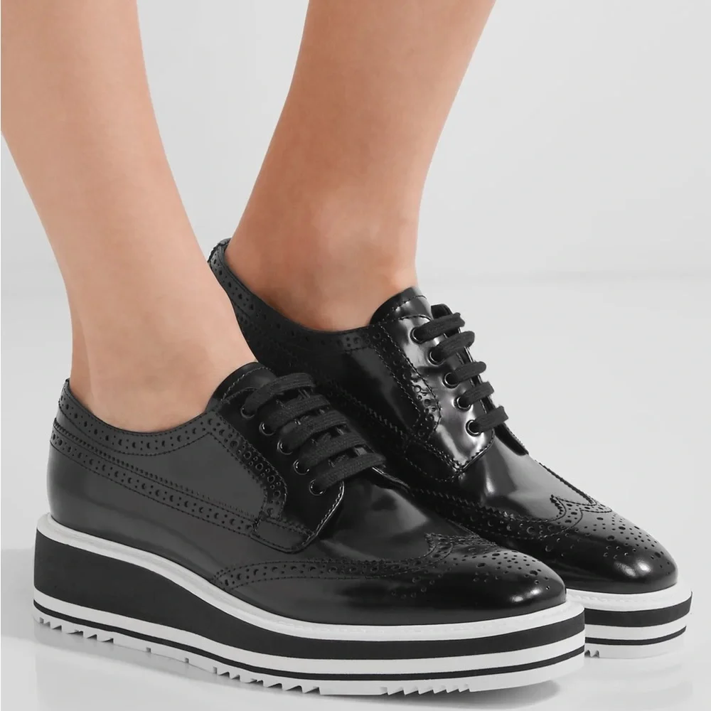 SOLD - Prada SS 2011 Black Brushed Leather Wingtip Brogues Derby Creeper 37/ - Picture 1 of 16